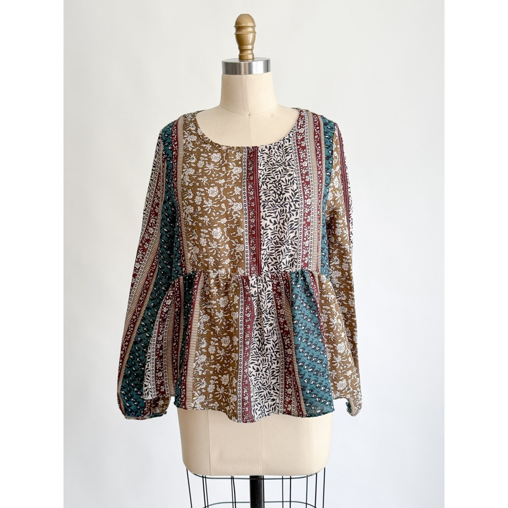 Boho Cottagecore Loveriche Patchwork Floral Peplum Top Small Brown Teal